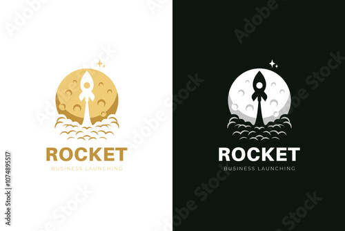 Rocket Launching in the moon logo icon design with world explore graphic concept symbol for astronomy, astrology, science two version logo template