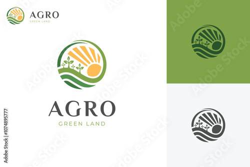 Creative logos of Agriculture industry with green fields and Growing Plant graphic concepts for farm, Agronomy vector logo elements