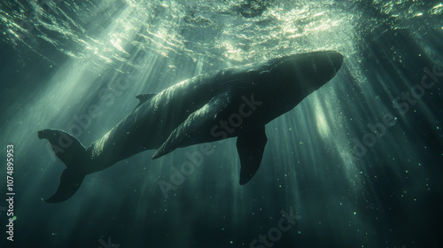 A massive whale gliding gracefully through the ocean, surrounded by shimmering light rays underwater