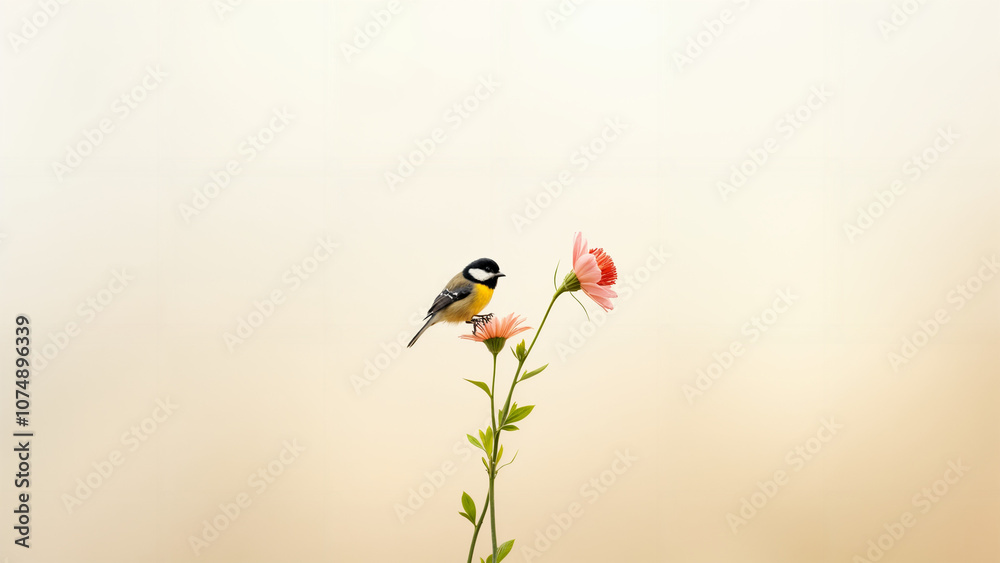 A Playful Tit Bird Among Colorful Flowers on a Soft White Background for a Cheerful Wallpaper A Playful Tit Bird Among Colorful Flowers on a Soft White Background for a Cheerful Wallpaper