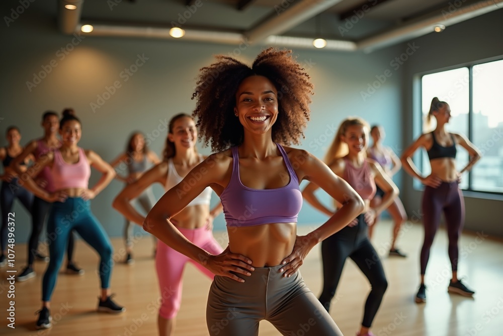 Fototapeta premium Enthusiastic group of diverse women in a fitness dance class in modern studio