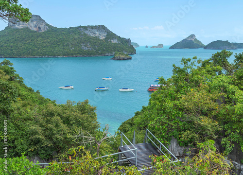 Aerial  landscape view from Mae Ko island or Ta le Nai blue lagoon emerald lake view point at Mu Ko Ang Thong island National Park, Thailand on sunny day, summer holidays concept. photo