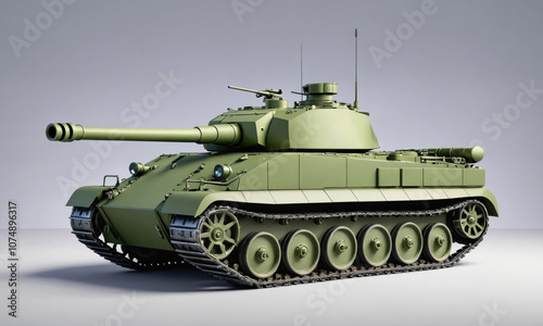 A green tank sits on a white surface, ready for action