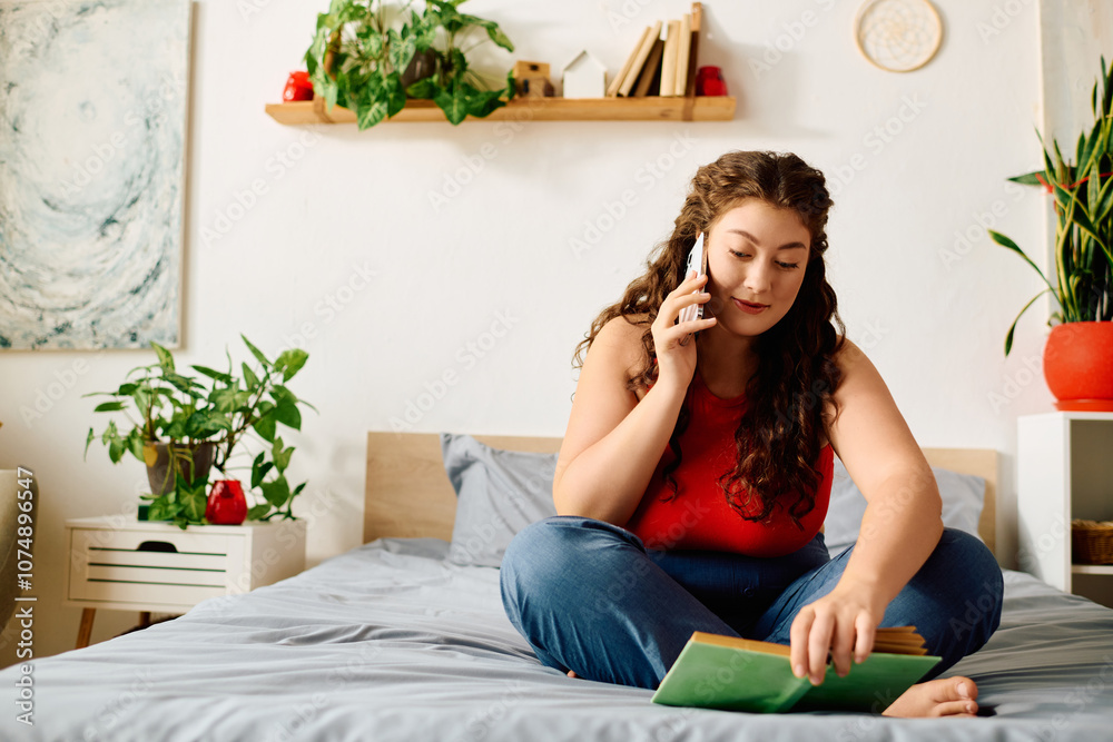 A young woman relaxes in her cozy home, balancing a phone conversation while enjoying a good book. A young woman relaxes in her cozy home, balancing a phone conversation while enjoying a good book.
