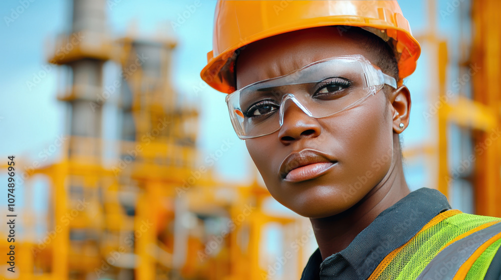 woman engineer wearing safety gear, focused on her work at construction site. Her expression shows determination and professionalism woman engineer wearing safety gear, focused on her work at construction site. Her expression shows determination and professionalism