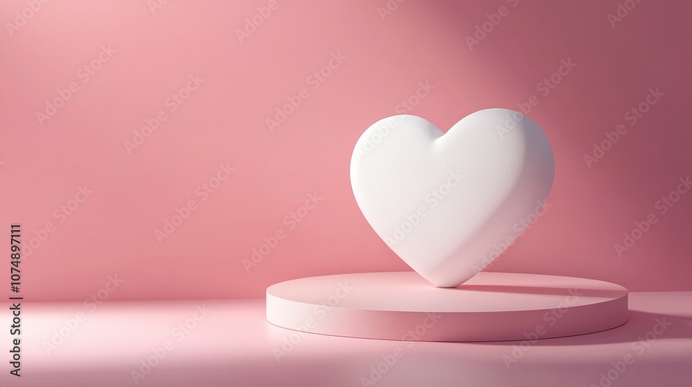 Minimalist white heart on pink circular podium against soft pink background, symbolizing love, romance, and elegance in a clean, modern aesthetic.
