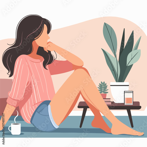 Woman relaxing at home while daydreaming