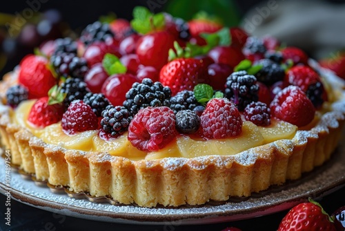 Close-up of a Fruit Tart with Powdered Sugar