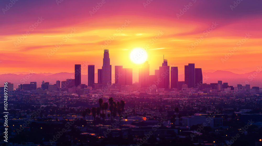 Fototapeta premium A sleek, modern vector illustration of a bustling city skyline at sunset