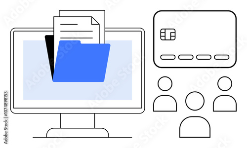 Screen with documents and blue folder, bank card, and user icons outline. Ideal for digital banking, online transactions, data management, financial services, user security, electronic records web
