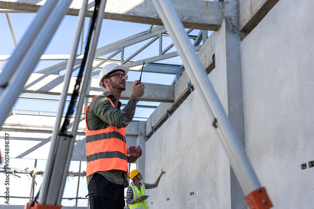 Builder using hand radio working in construction site Builder using hand radio working in construction site