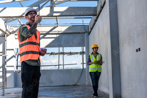 Caucasian contractor man holding hand radio working with woman in construction site