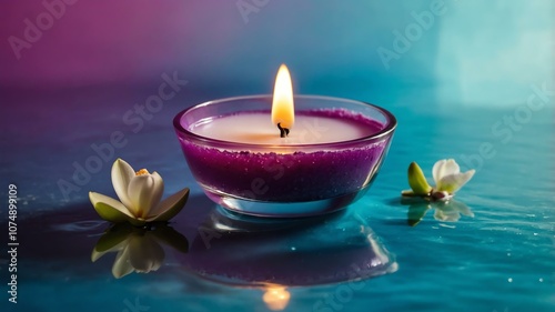 sea salt and orchid tealight candle floating on water with gradient and bright background