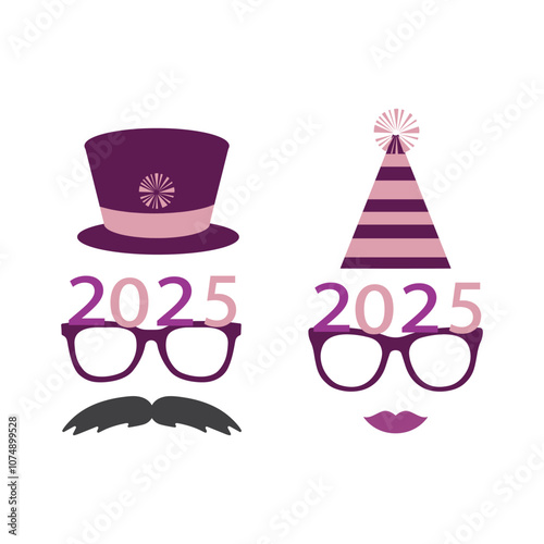 Party glasses and greetings decorated with a hat and stars, ready to be used in New Year's Eve party for 2025.