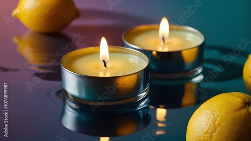 citrus lemon tealight candle floating on water with gradient and bright background