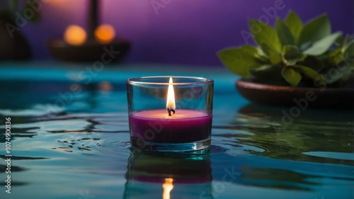 blackberry sage tealight candle floating on water with gradient and bright background