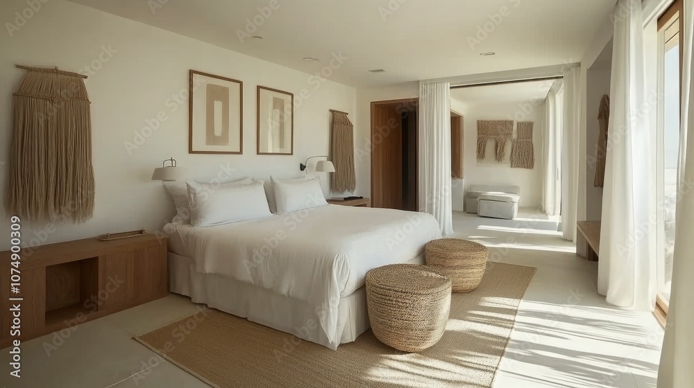 Minimalist Bedroom Interior Design with White Bed and Natural Textures Minimalist Bedroom Interior Design with White Bed and Natural Textures