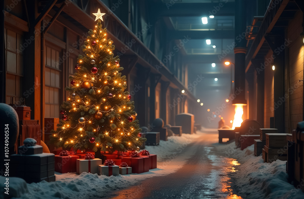 Christmas tree with gifts at the foundry, metallurgical plant Christmas tree with gifts at the foundry, metallurgical plant