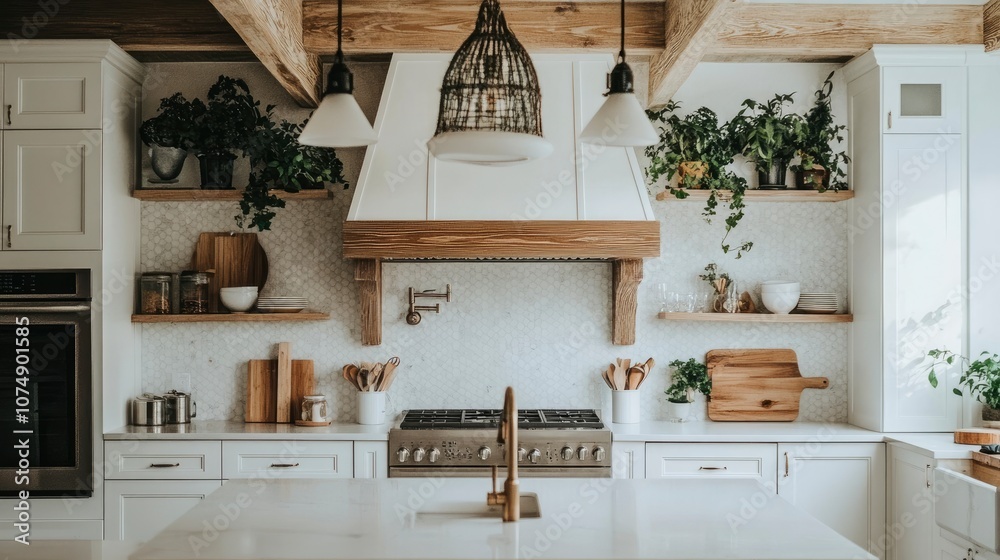 Modern Farmhouse Kitchen with White Cabinets and Wooden Beams