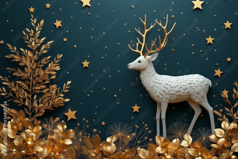 paper cut style golden deer and tree on a dark green background with copy space, a minimalistic Christmas card design, golden stars, golden leaves paper cut style golden deer and tree on a dark green background with copy space, a minimalistic Christmas card design, golden stars, golden leaves