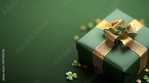 green gift box with golden ribbon on a green background with clover leaf