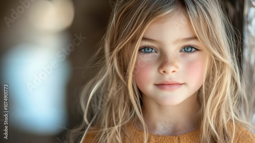 A young girl with captivating blue eyes and long blonde hair gazes intently at the camera, embodying innocence and youthful charm in a natural light setting