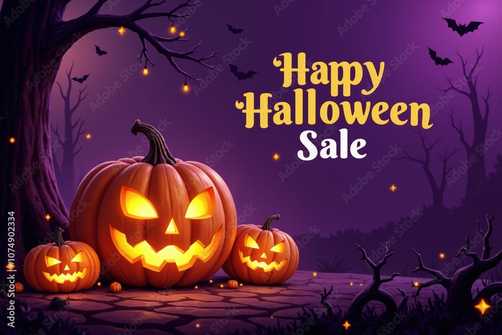 Spooky halloween sale with glowing pumpkins and bats in enchanted forest Spooky halloween sale with glowing pumpkins and bats in enchanted forest