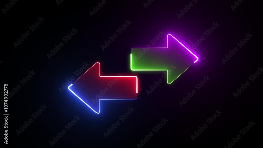 Glowing neon Abstract double arrow icon with left and right side animation background video.