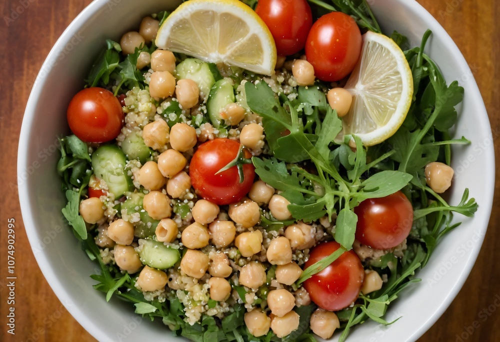 Top view of a quinoa salad bowl with diced cucumber, cherry tomatoes, chickpeas, and arugula, dressed with olive oil and lemon, for a healthy and vibrant meal. Ai generated image. Top view of a quinoa salad bowl with diced cucumber, cherry tomatoes, chickpeas, and arugula, dressed with olive oil and lemon, for a healthy and vibrant meal. Ai generated image.