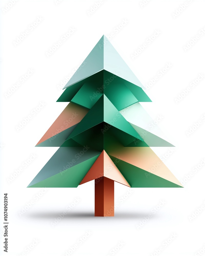 Abstract Geometric Tree Illustration Featuring Layers of Triangles in Gradient Shades of Green, Teal, and Peach with a Simple Brown Trunk for Minimalist Design