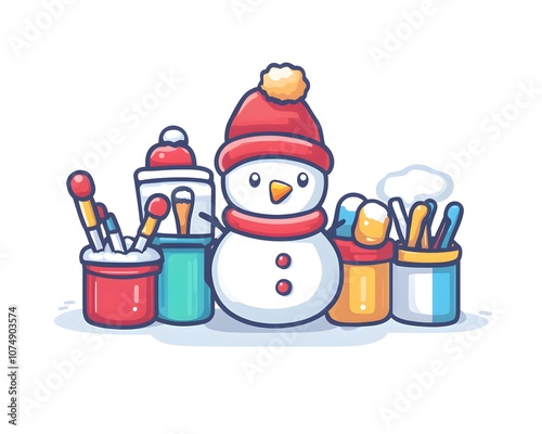 A delightful illustration of a snowman wearing a red hat, surrounded by colorful paintbrushes and cans, perfect for winter-themed art projects and holiday creativity. photo