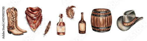 Set of cowboy western elements.Watercolor painting 