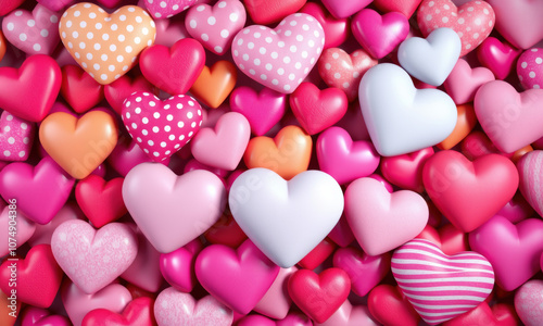 Colorful collection of heart shapes in various sizes and patterns, creating vibrant and cheerful atmosphere. Perfect for expressing love and affection