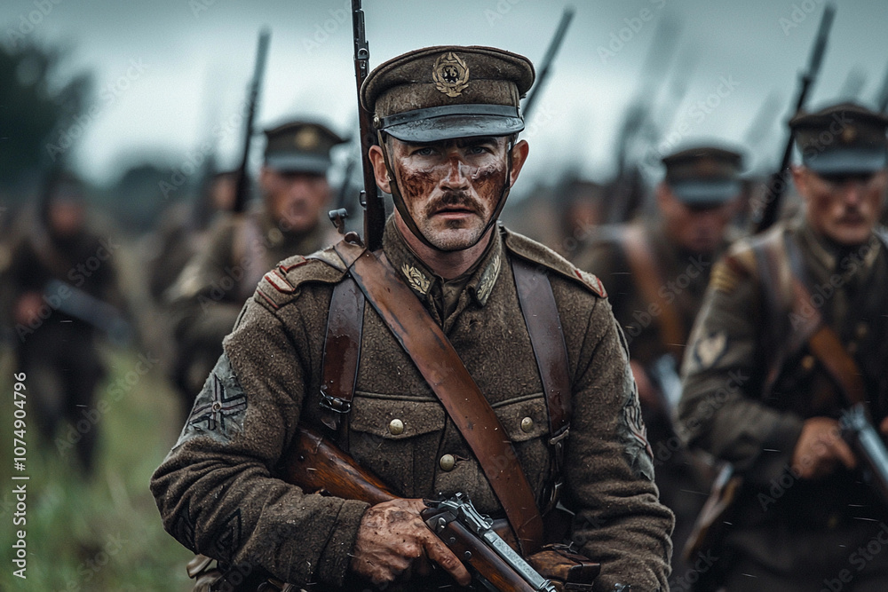 Obraz premium Soldiers advance through a muddy field during historic warfare drill