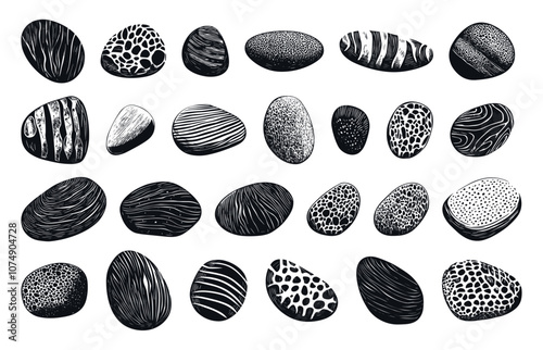 Sea Pebbles Hand-Drawn Linocut Vector Set on White Background with Textured Design Coastal Art Vintage Graphics Natural Stones Collection Beach Elements Icons Ocean Shore Design