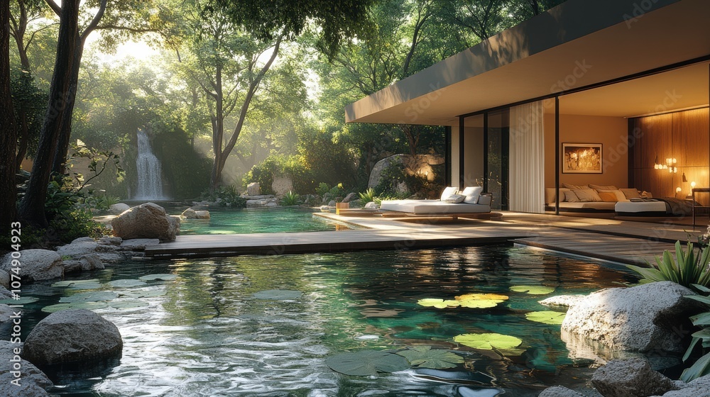 Naklejka premium A modern architectural retreat with a luxurious, serene poolside view nestled in lush greenery, featuring a tranquil waterfall in the background