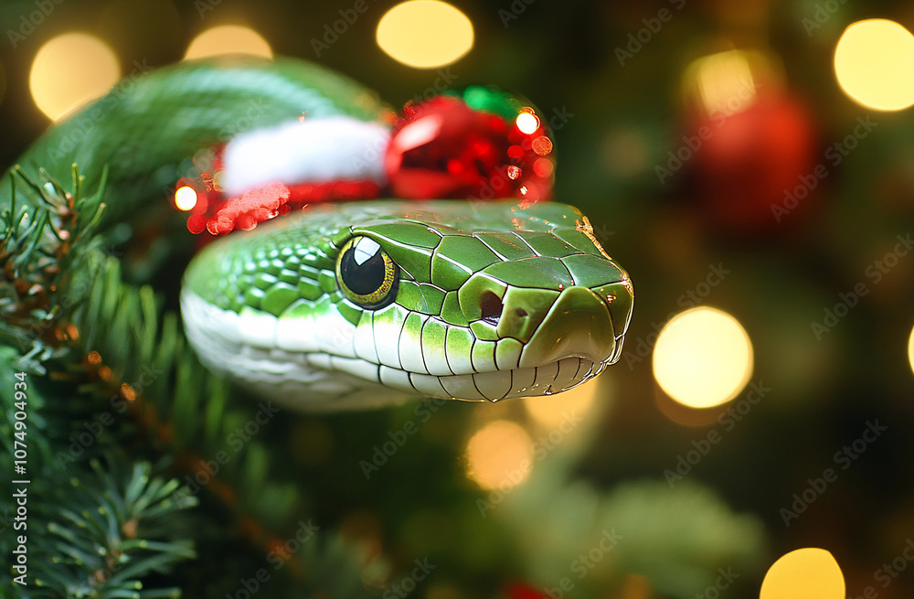 Green snake with festive hat in tree