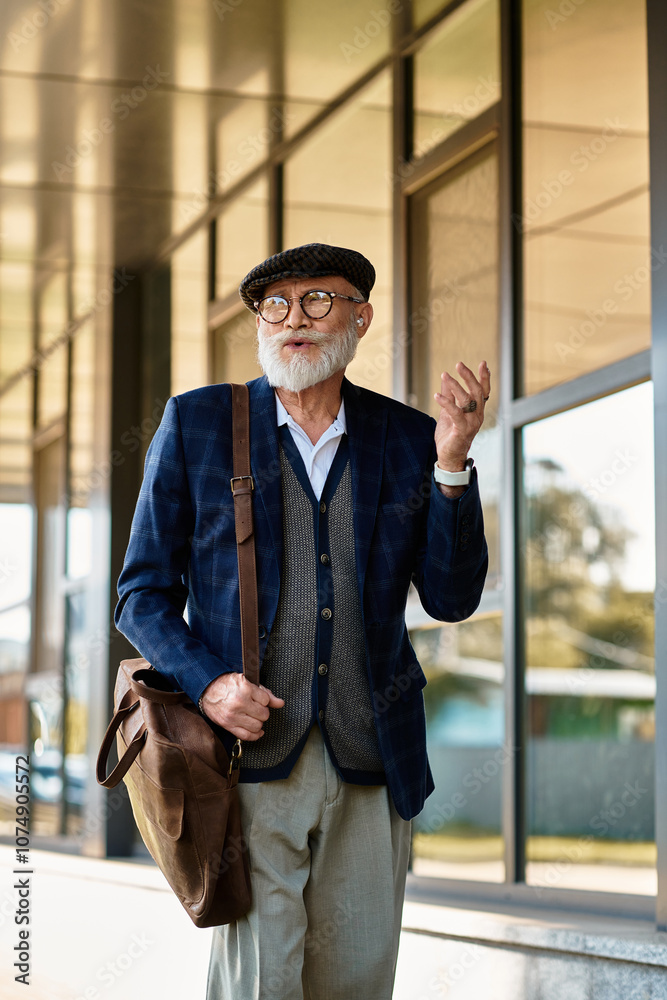 A fashionable senior gentleman strolls confidently by a contemporary structure, exuding autumn charm. A fashionable senior gentleman strolls confidently by a contemporary structure, exuding autumn charm.