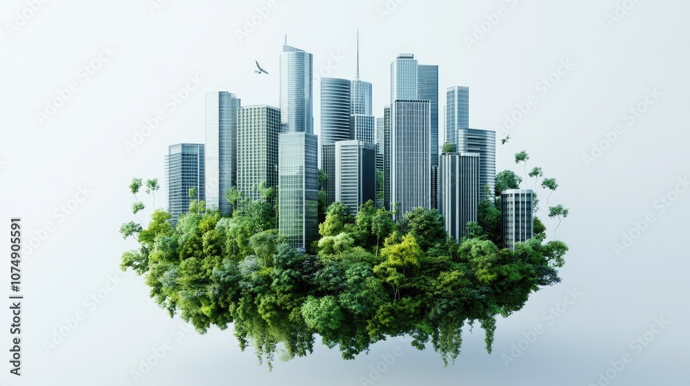 Fototapeta premium Carbon neutral forest city, nature and tech harmony, 3D illustration 