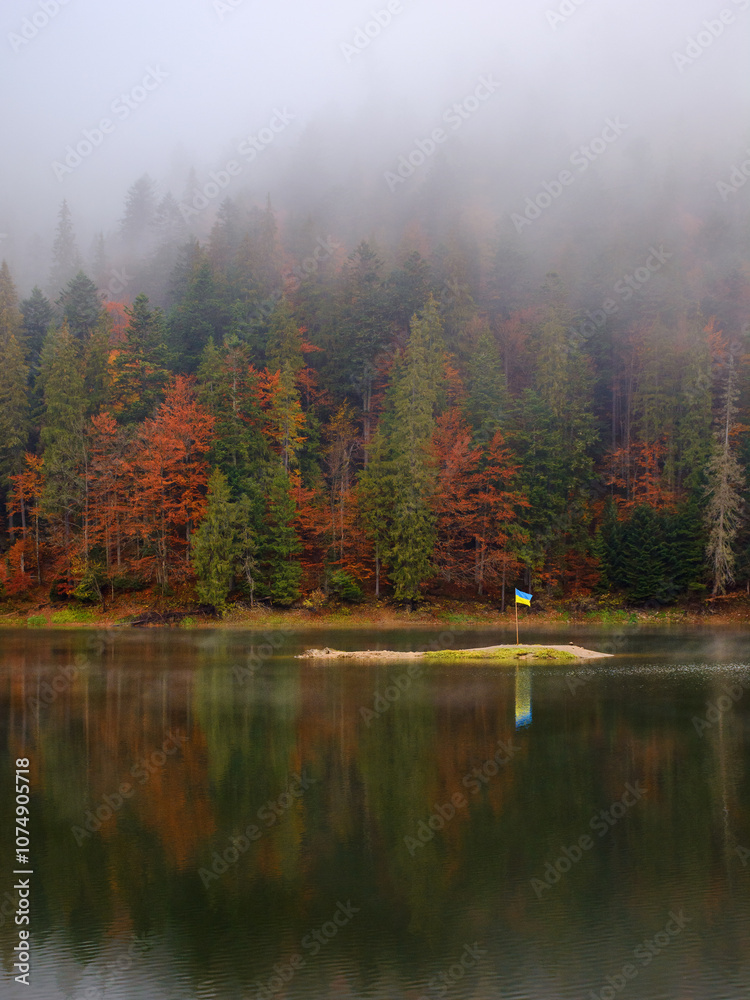 landscape with lake in autumn. foggy weather. mysterious woods. trees in colorful foliage. spooky atmosphere. synevyr national park, ukraine in fall season