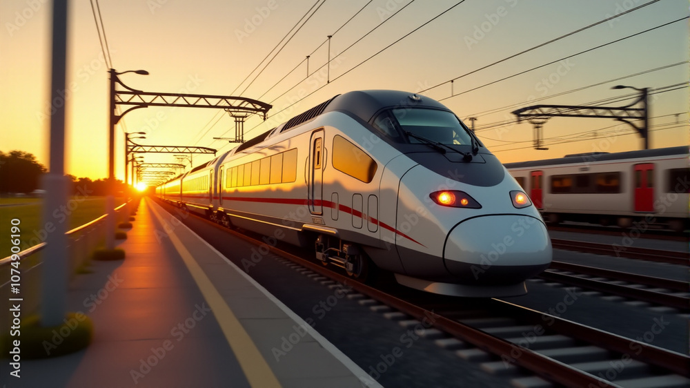 Naklejka premium High-Speed Train Traveling at Sunset