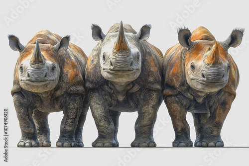 Detailed 3D Illustration of Three Isolated Endangered Rhinoceros Species on White Background Highlighting Their Unique Features and Conservation Importance