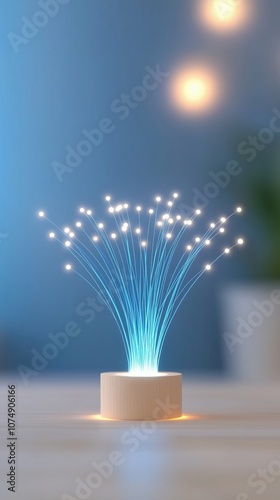 A creative representation of technology with glowing fibers emanating from a base, symbolizing innovation and digital connections. photo