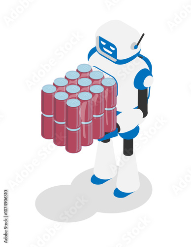 Robot storekeeper loader carries heavy package of tin cans of drinks to cargo loading area. Technologies of future. Isolated vector on white background