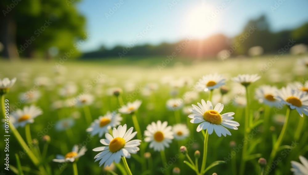 Field of Blooming Daisies in Sunlit Meadow Field of Blooming Daisies in Sunlit Meadow