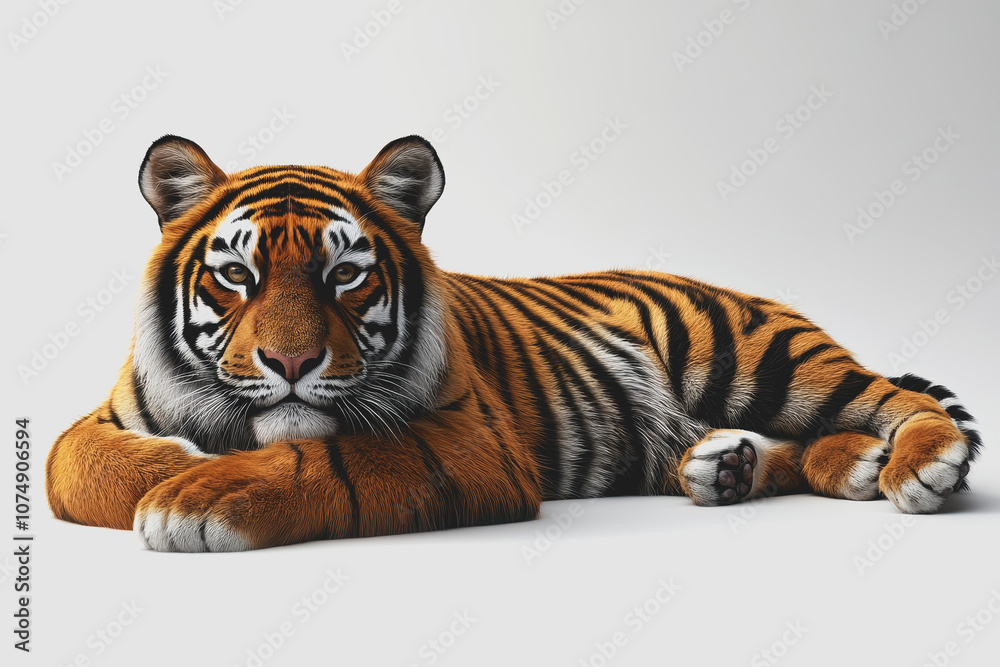 Obraz premium Realistic Illustration of an Exotic Tiger, Gracefully Reclining on White Background with Detailed Fur and Vibrant Colors, Perfect for Wildlife Enthusiasts and Animal Lovers