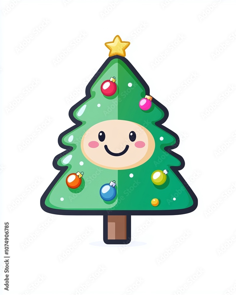 Cheerful Cartoon Christmas Tree with Ornaments and a Smiling Face, Ideal for Holiday Designs, Graphics, and Festive Celebrations