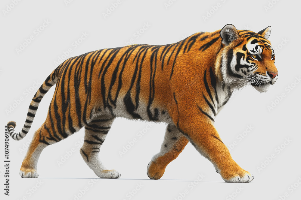 Realistic of a Majestic Tiger Walking Isolated on a White Background for Wildlife and Nature Enthusiasts Realistic of a Majestic Tiger Walking Isolated on a White Background for Wildlife and Nature Enthusiasts