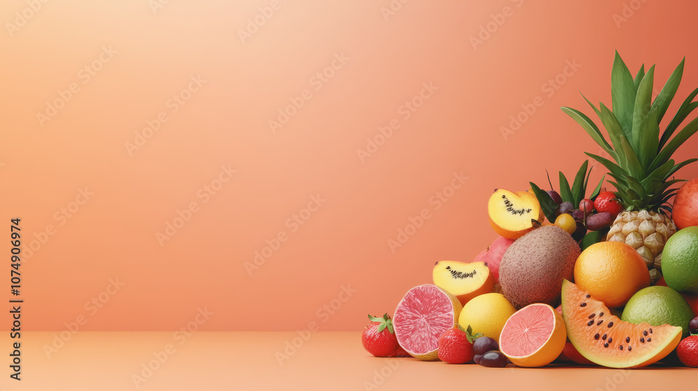 Vibrant Collection of Exotic Fruits Displayed on a Smooth Gradient Background Featuring Pineapple, Melons, Citrus, and Berries in a Arrangement Vibrant Collection of Exotic Fruits Displayed on a Smooth Gradient Background Featuring Pineapple, Melons, Citrus, and Berries in a Arrangement