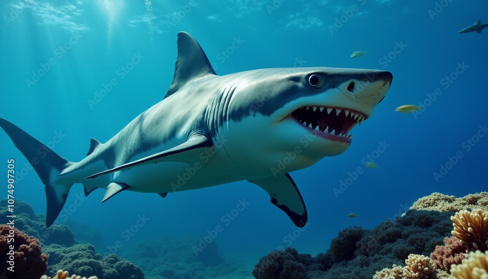 Great White Shark Underwater with Sun Rays Great White Shark Underwater with Sun Rays